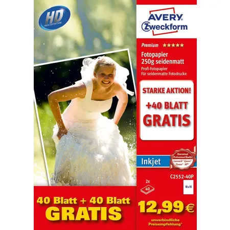 Avery Zweckform C2552-40P Premium Inkjet Fotopapier, 10x15, einseitig beschichtet, 250 g/m², 80 Blatt