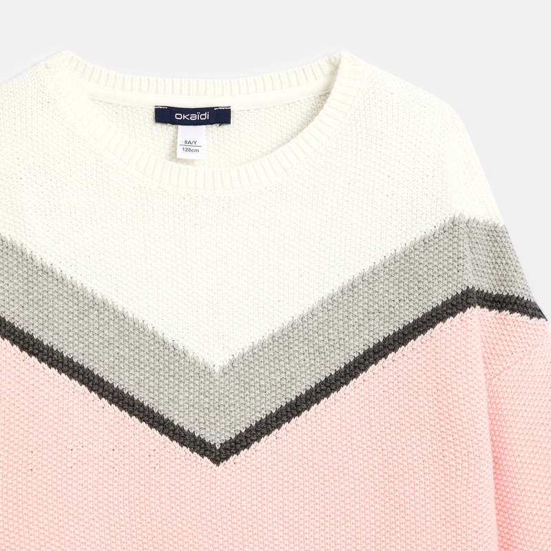 Pull jacquard col rond rose fille
