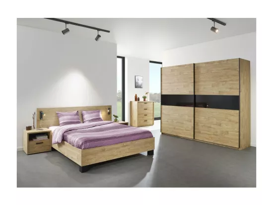 Chambre à coucher collection MORGANE : armoire 200 cm, lit avec applique 180x200, commode, chevets, chêne doré et noir