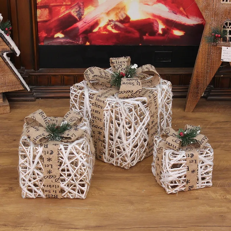 (3er Set) LED Christmas Geschenke Weihnachts Home Deko (Batteriebetrieben) - Weiss / Braun