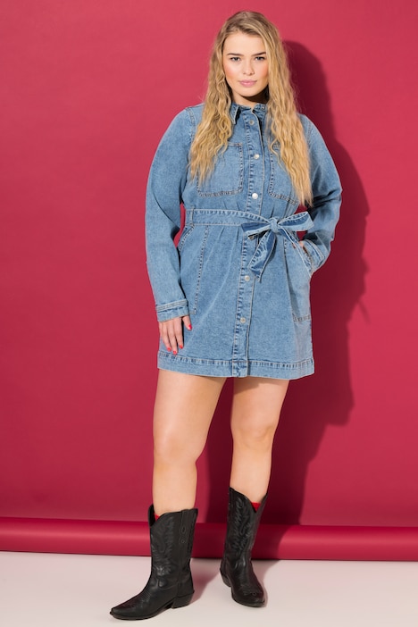 Jeanskleid, Straight Shape, Hemdkragen, Bindeband, Langarm