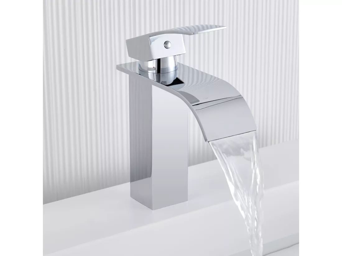 Auralum Max Robinet de Lavabo Cascade Chromé,avec l'Eau Froide/Chaude, en Inox 304+Bonde Lavabo Bonde Pop-up avec Trop-plein Automatique Universelle