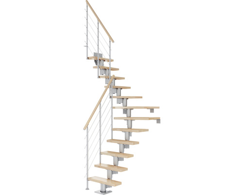 Pertura Spiros middentrap, parelgrijs, kwartslag, links/rechts onder 65 cm, leuning van gelamineerd beukenhout, gelakt, 11 treden / 12 stootborden