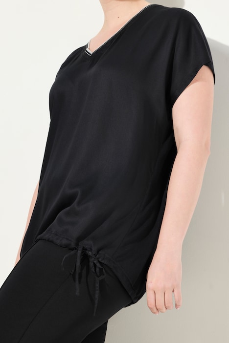 Blusenshirt, Satinfront, V-Ausschnitt, Saumband, Halbarm