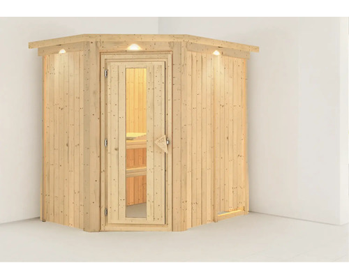 Karibu Carina modulaire sauna zonder oven, met dakrand en houten deur met isolatieglas, thermisch geïsoleerd