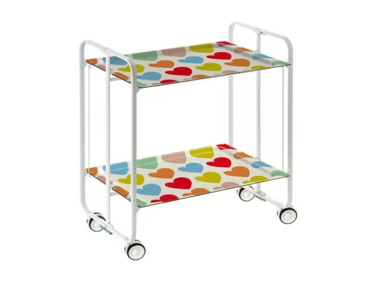 Chariot pliant à roulettes, desserte - Structure métallique blanche, 2 niveaux en stratifié motif Coeurs multicolores - 72*66*43 cm - BAUHAUS
