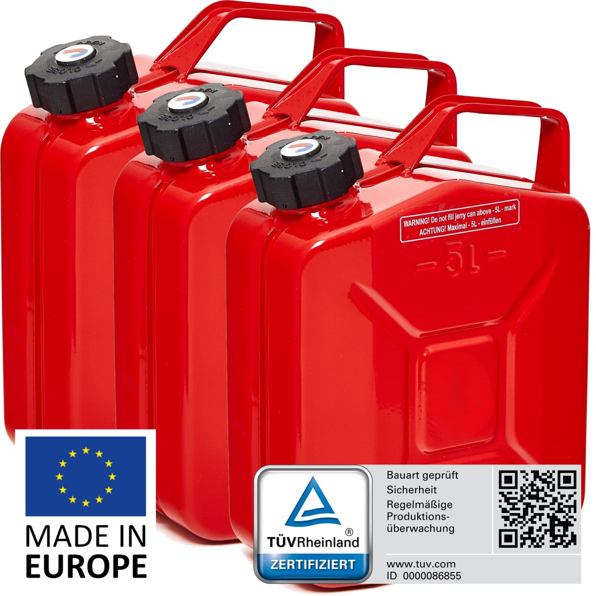 BW Metalen Brandstofbussen, Benzineblikken, 3 x 5 Liter met Schroefdop - Rood - RAL 3000 - TÜV-getest en UN-goedgekeurd - Gemaakt in Europa
