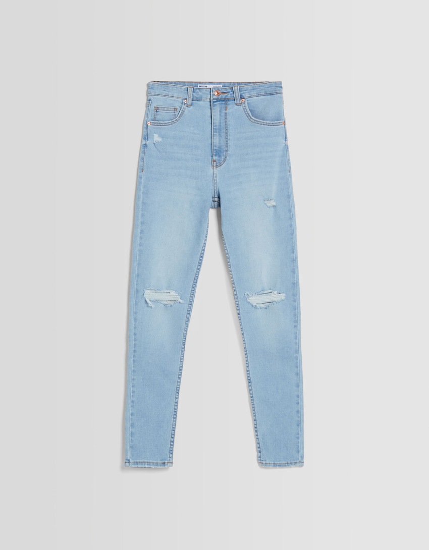 Calça jeans skinny de cintura super alta e rasgada