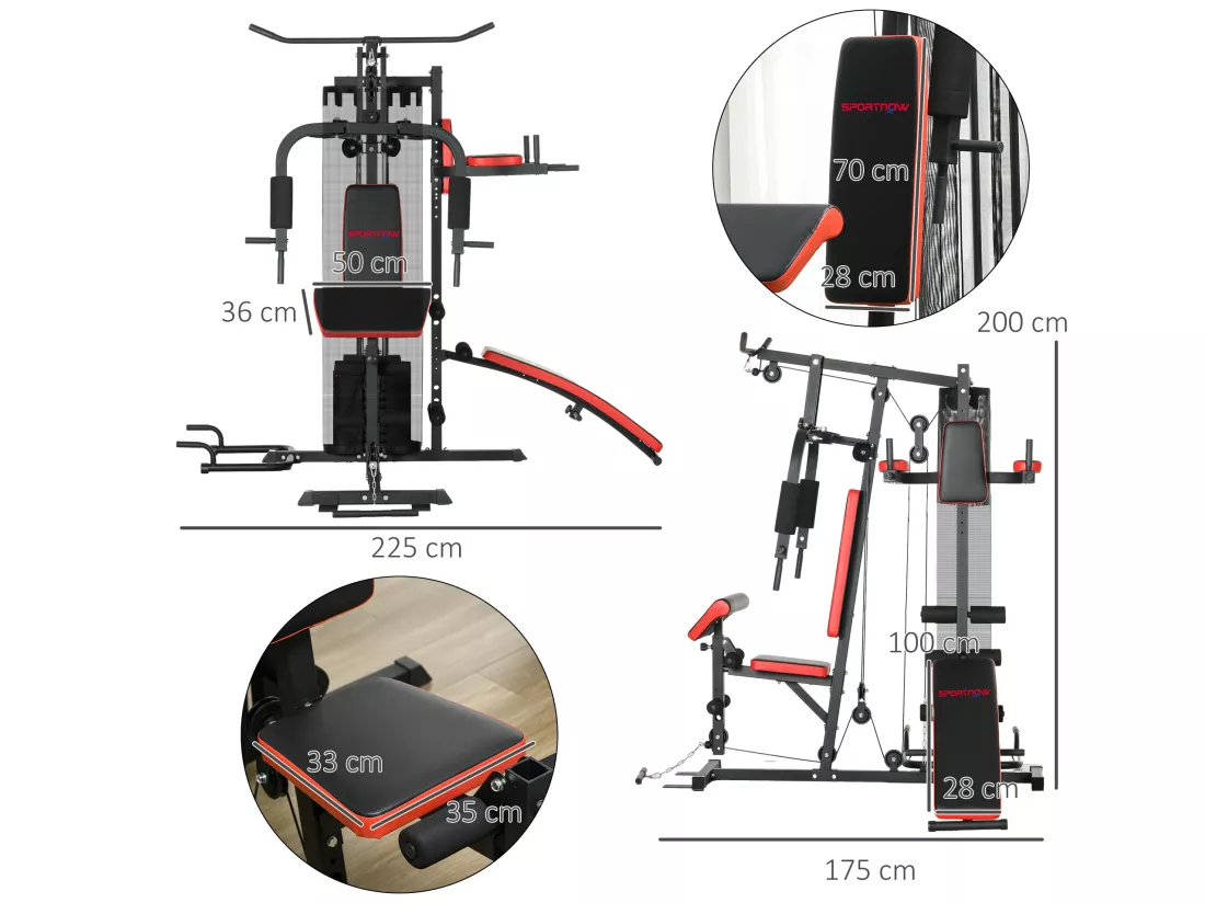 Station de musculation - banc, développé couché, butterfly, barre latissimus et traction, curler, bande résistance, 10 contrepoids - acier noir rouge