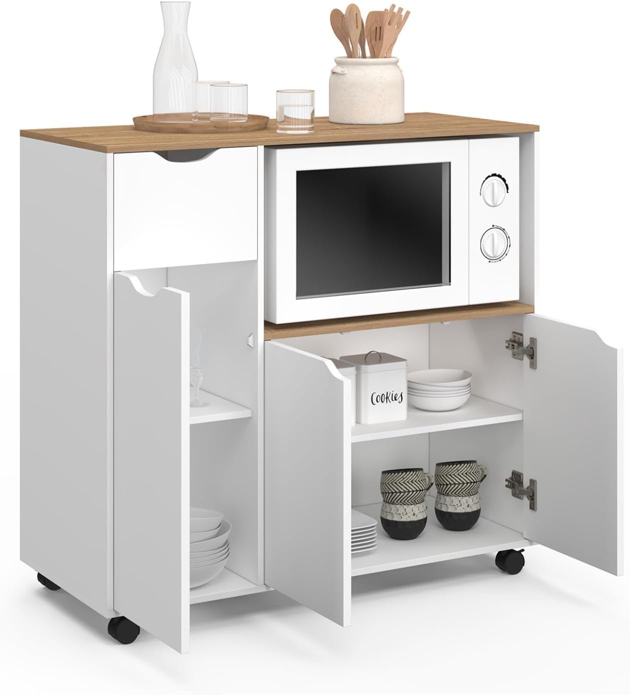 IDMarket - Desserte micro-onde de cuisine COSI XXL placards avec tiroir bois blanc et plateaux façon hêtre L.90 CM YO4213874