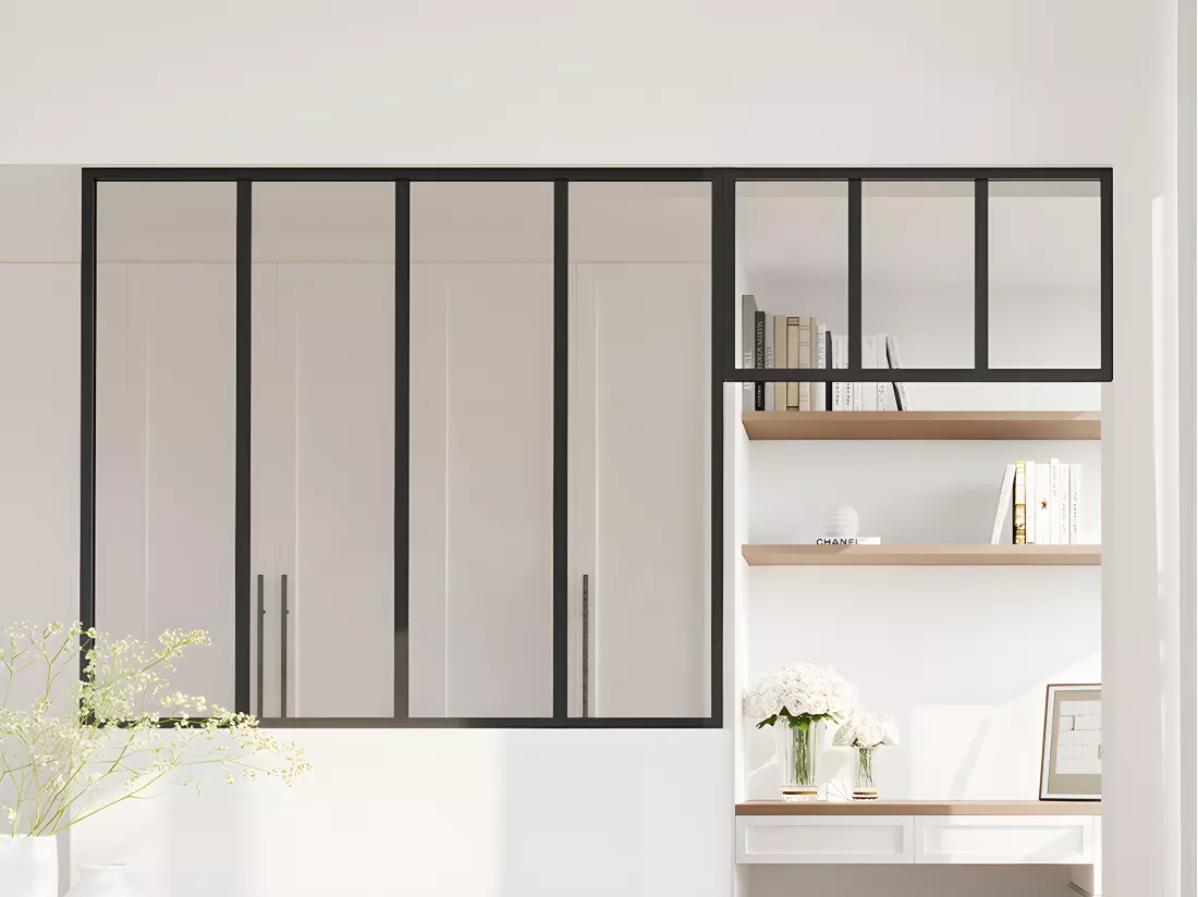 Verrière atelier avec imposte en aluminium thermolaqué - L120 x H105 + L73 x H40 cm - Noir - BAYVIEW