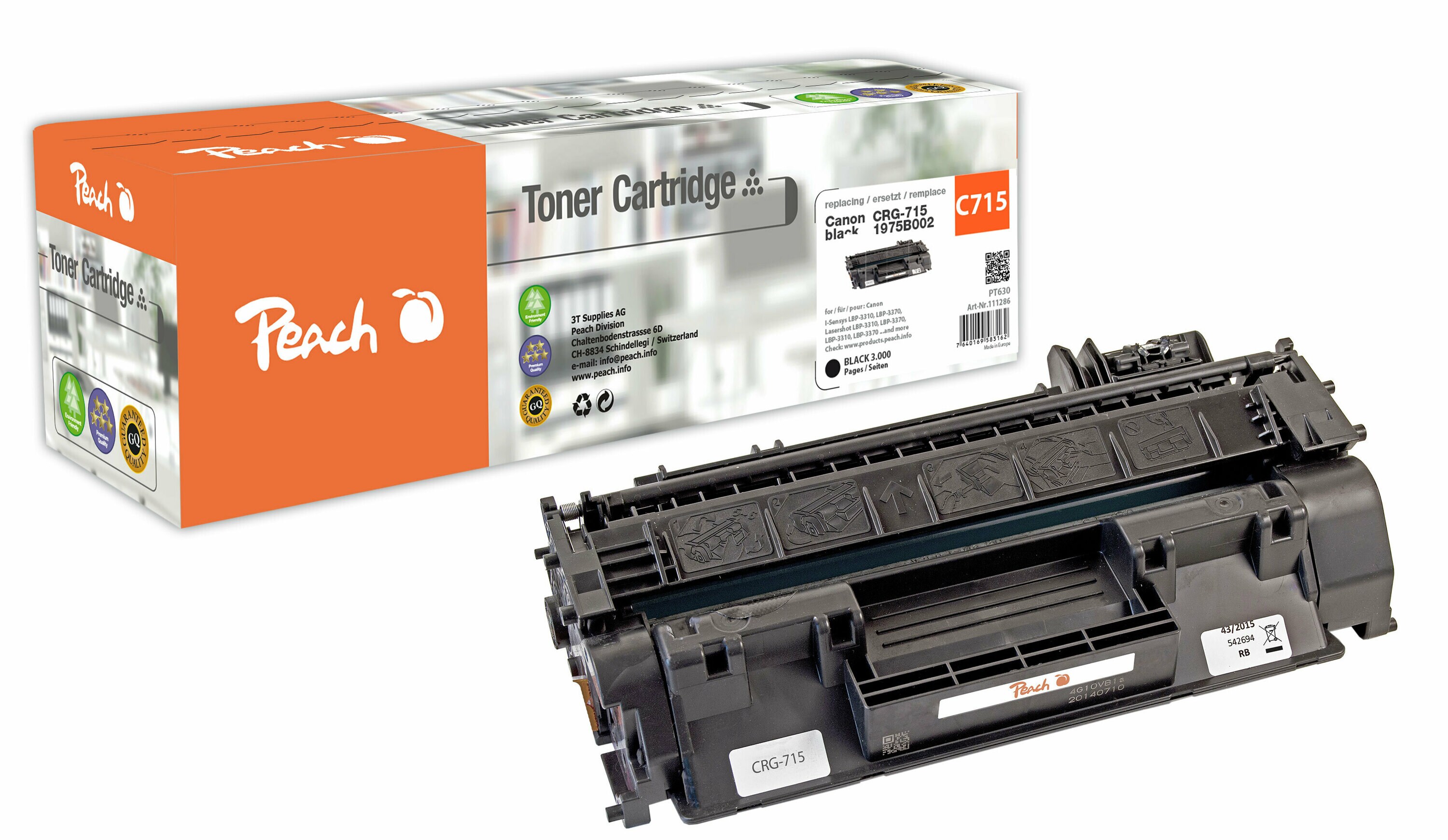 Peach C715Toner bk ersetzt Canon CRG-715, EP 52, 1975B002 für z.B. Canon ISensys LBP -3310, Canon ISensys LBP -3370, Canon Lasershot LBP -3310 (wiederaufbereitet)