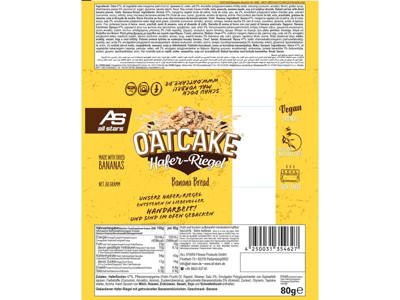All Stars Oat Cake Bar Banana Bread 12 x 80 g Haferflocken Riegel