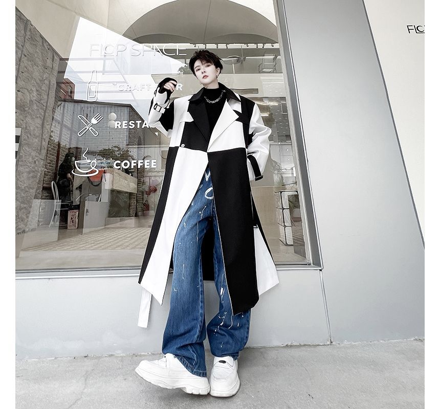Freehop - Tweekleurige midi-trenchcoat met één knoop
