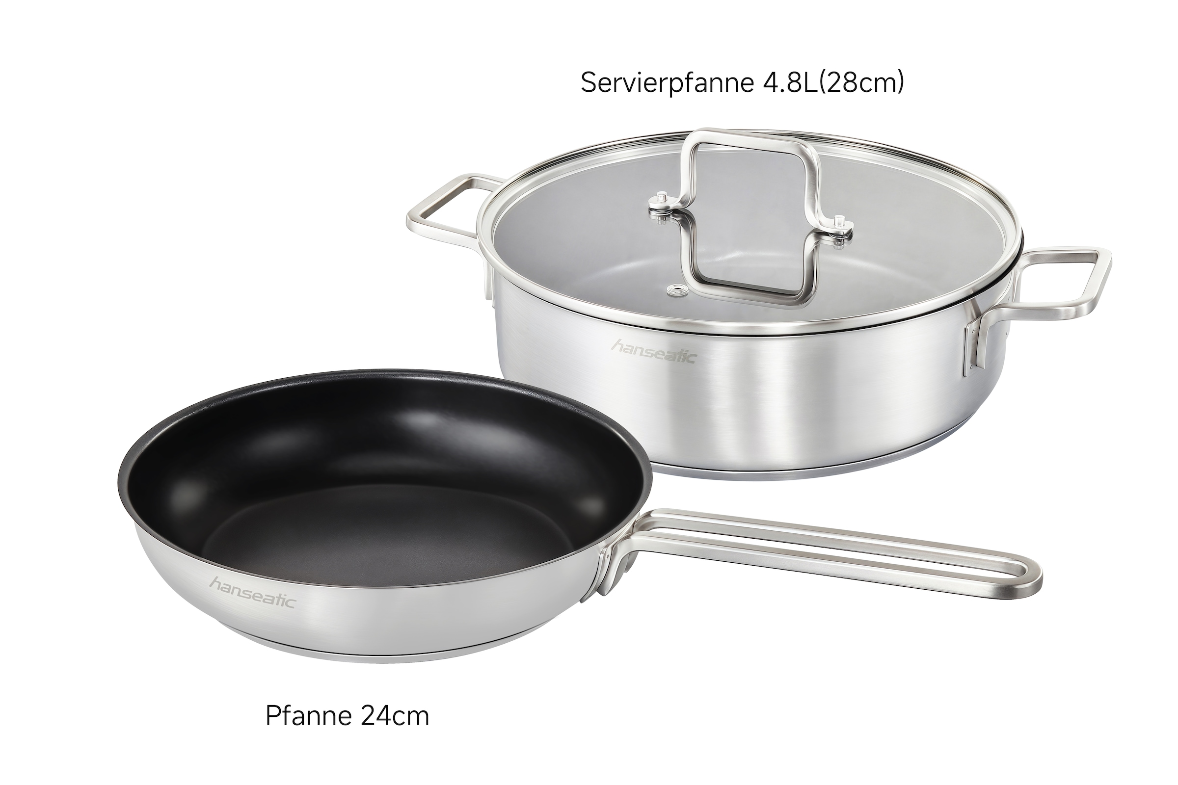 Hanseatic Pfannen-Set »DAILY« Edelstahl 18/10 Set, 1x Pfanne 24 cm, 1x Servierpfanne 28 cm mit Deckel, 3 Stk. tlg. mit Antihaftbeschichtung, für alle Herdarten, Induktion