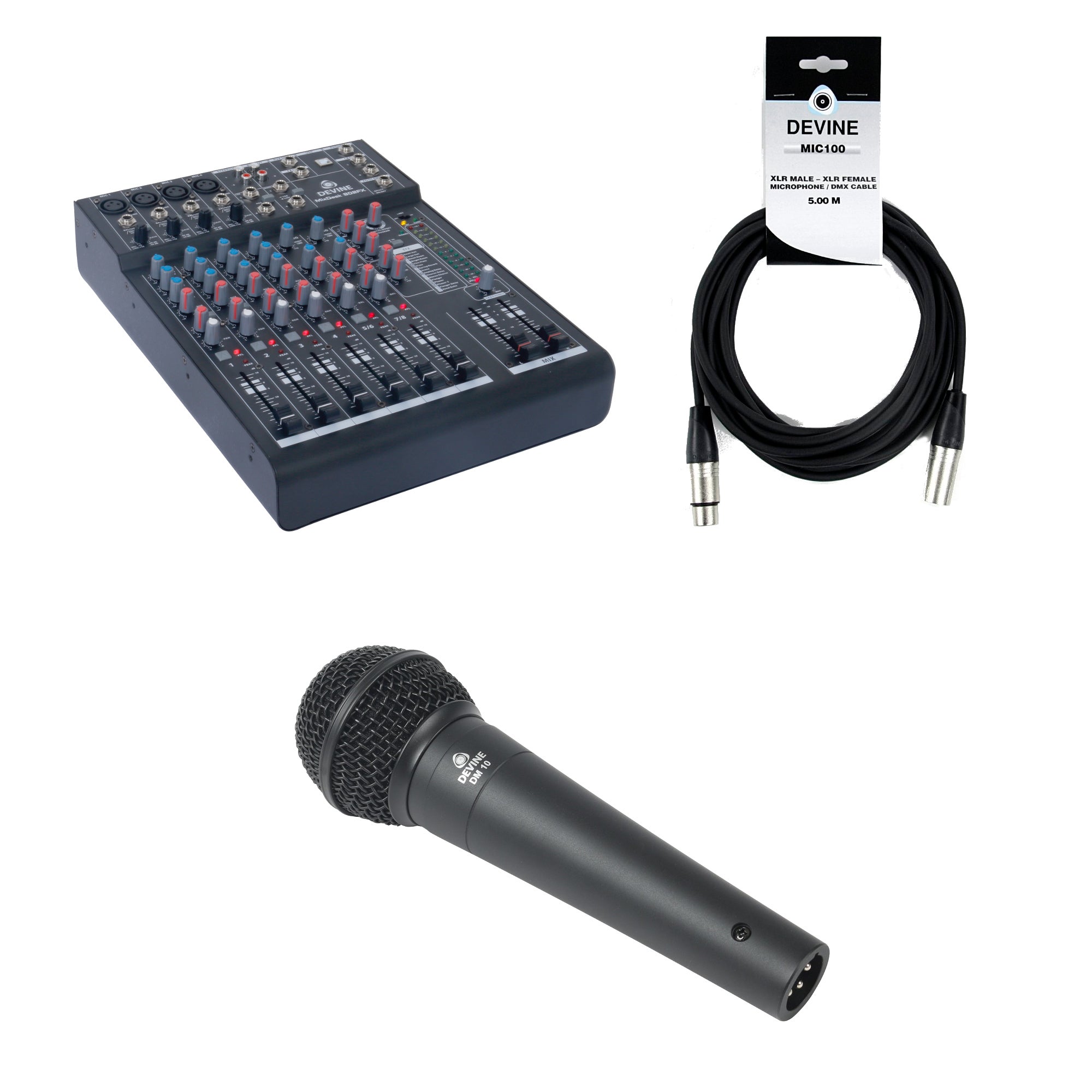 Devine MixDesk 802FX met DM 10 microfoon en kabel