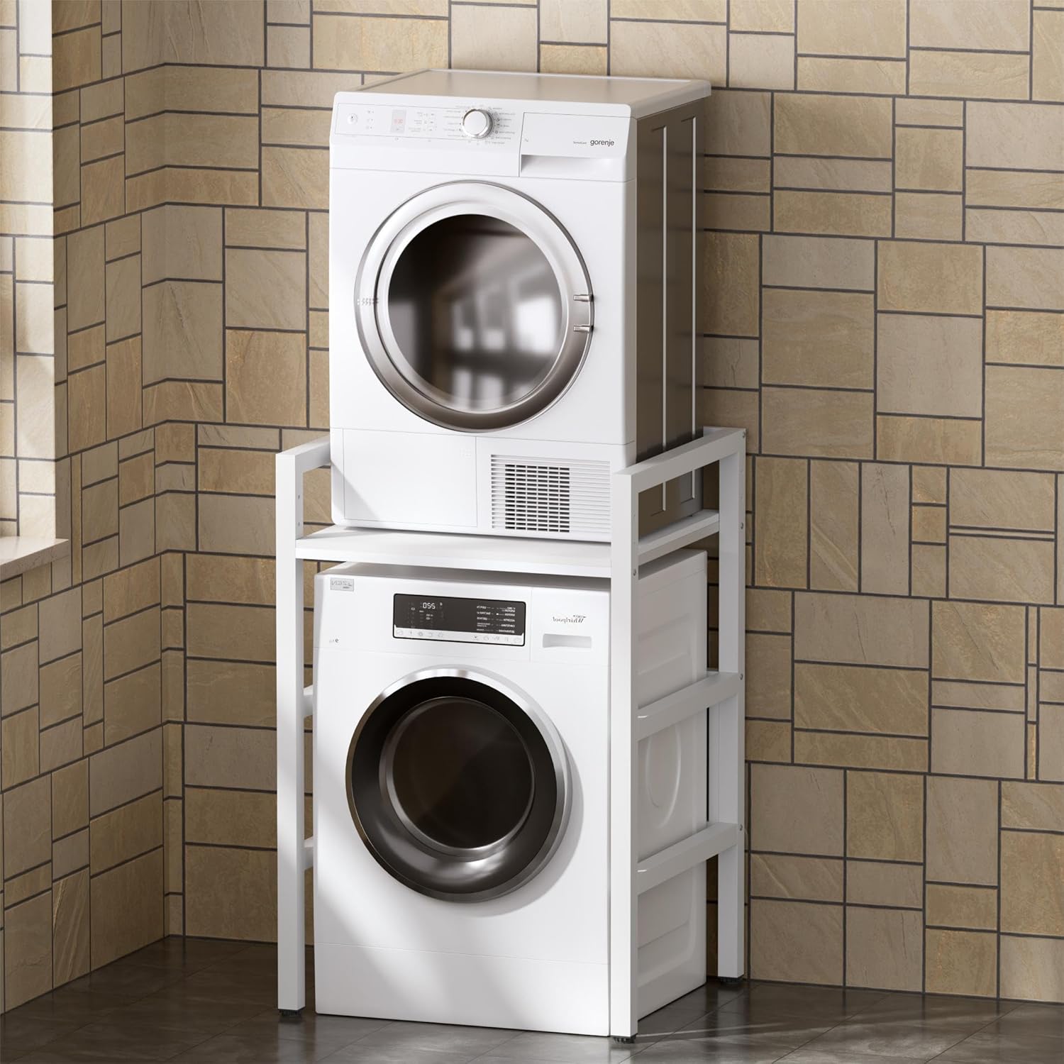 MSFE Meuble étagère de Rangement Dessus Machine à Laver,Kit d'empilage pour Lave-linge et Sèche-linge à Chargement Frontal,3 Hauteurs Réglables,Capacité de Charge de 350kg,73*64*110cm,Produit Breveté
