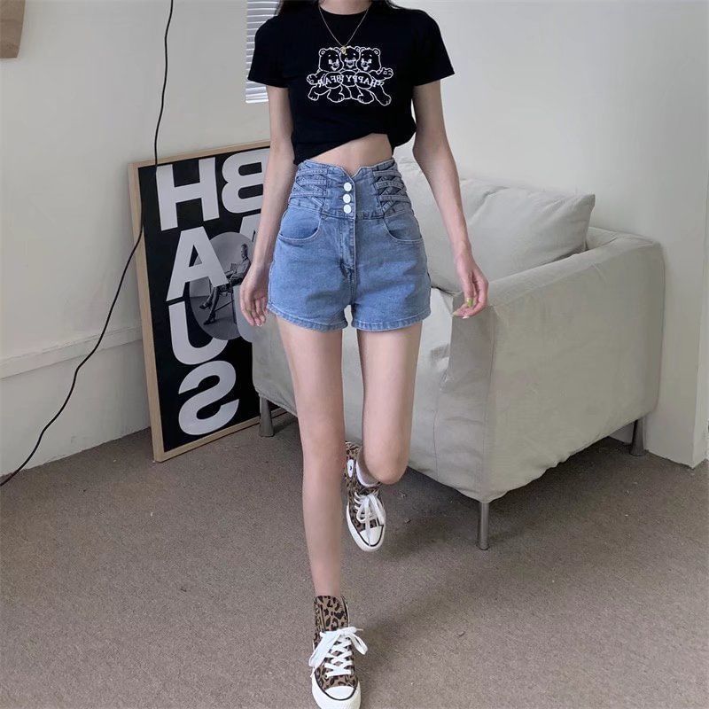 OGAWA - Denim shorts met hoge taille en kruiswassing
