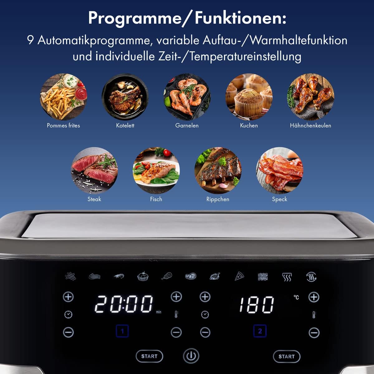 ProfiCook® Doppel-Heißluftfritteuse | 9 Liter | XXL Heißluftfritteuse Doppelkammer | Frittieren mit heißer Luft ohne zusätzliches Öl | 9 Programme | Air Fryer |Touchscreen | 2400 Watt | PC-FR 1242 H