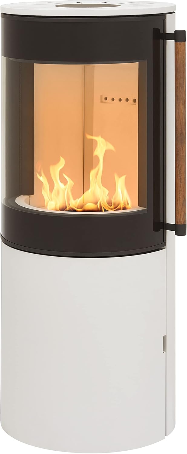 H&M Germany MONO 3.0 runder Kamin-Ofen in Stahl Creme Weiß moderne 160° Sichtscheibe Reeling-Griff Holz-Fach mit separater Tür 7kw 116cm Höhe innovatives Design klein