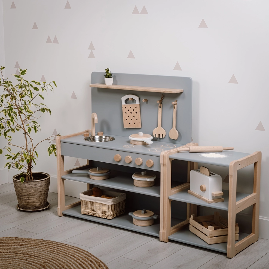 Montessori® Kinderkueche aus Holz XL+kleines Regal - multifunktional - grau Montessori® Kindermöbel mehrfarbig