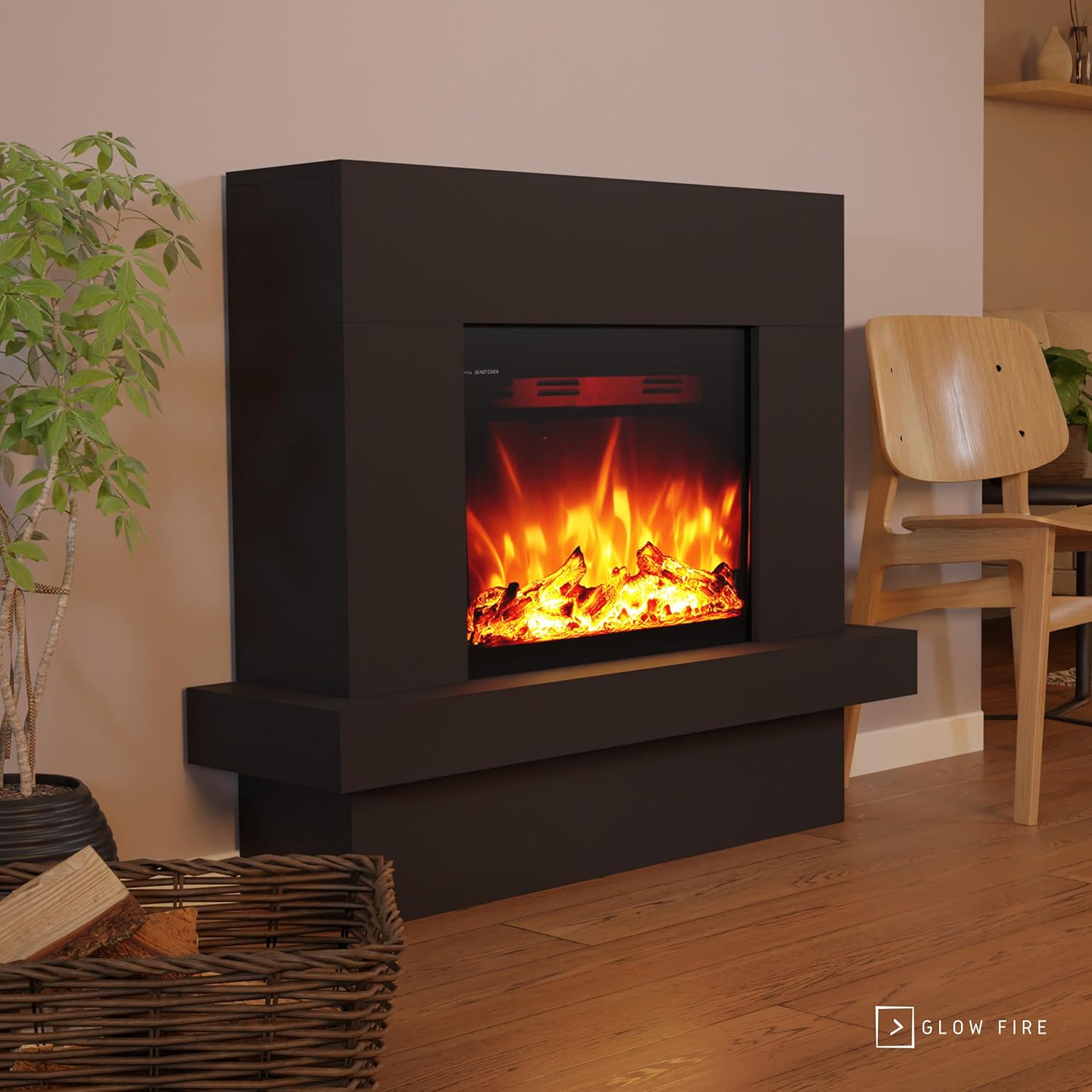 GLOW FIRE Elektrokamin mit Heizung und Kaminfeuer (Standkamin Pandora) - elektrischer Kamin mit LED-Feuer in 3 Farben, Heizlüfter, Holz-Deko & Fernbedienung, 114x97x32 cm, Schwarz