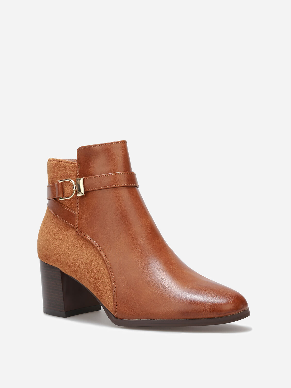 Bottines bi-matière avec boucle dorée- Camel