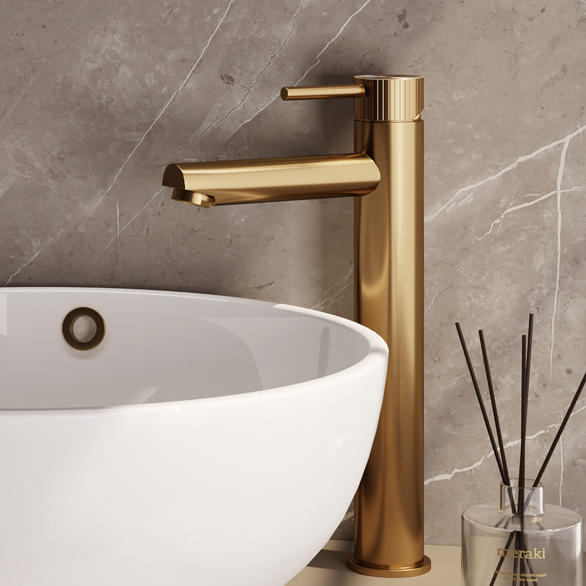 Brauer Stripe verhoogde wastafelkraan model A met ColdStart messing geborsteld PVD