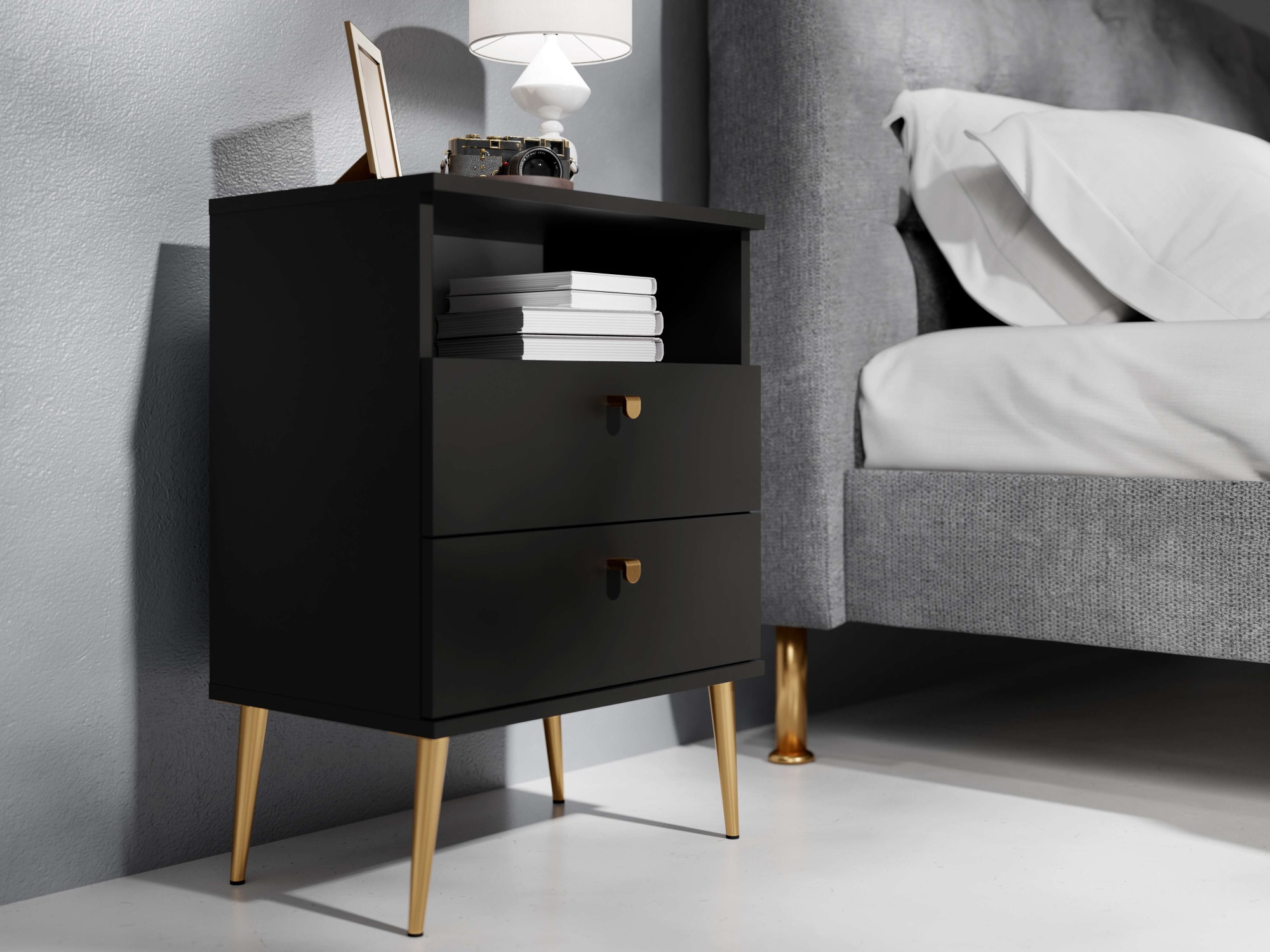 Home affaire Nachttisch »Elyria, Metallgriffe, FSC-zertifizierter Holzwerkstoff« Nachtkommode B/T/H 50/34/69cm,  mit 2 Schubladen, 1 offenes Fach, viele Farben mit goldfb. Details