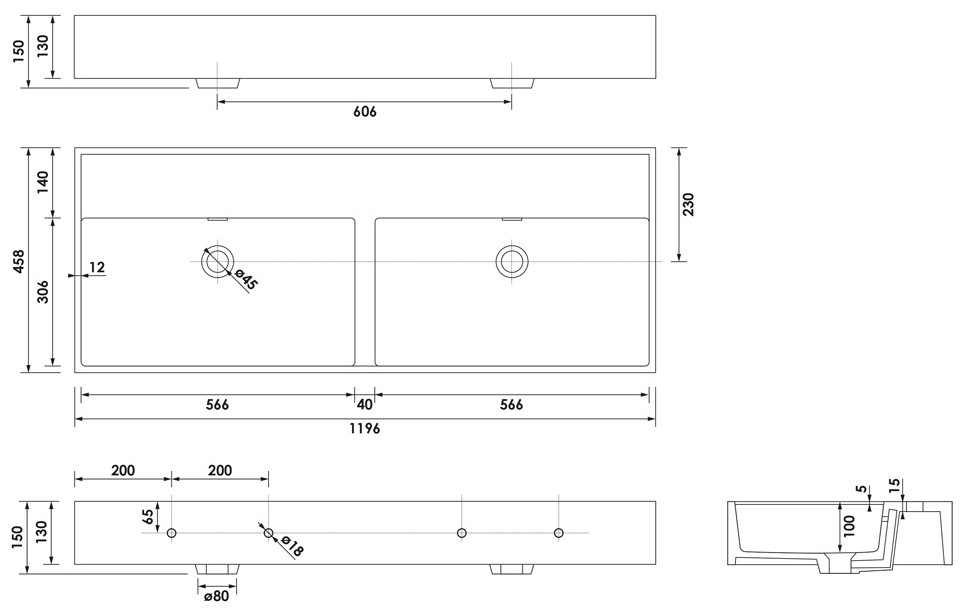 Brauer Gravity dubbele wastafel mineraalmarmer 120cm zonder kraangat wit glans