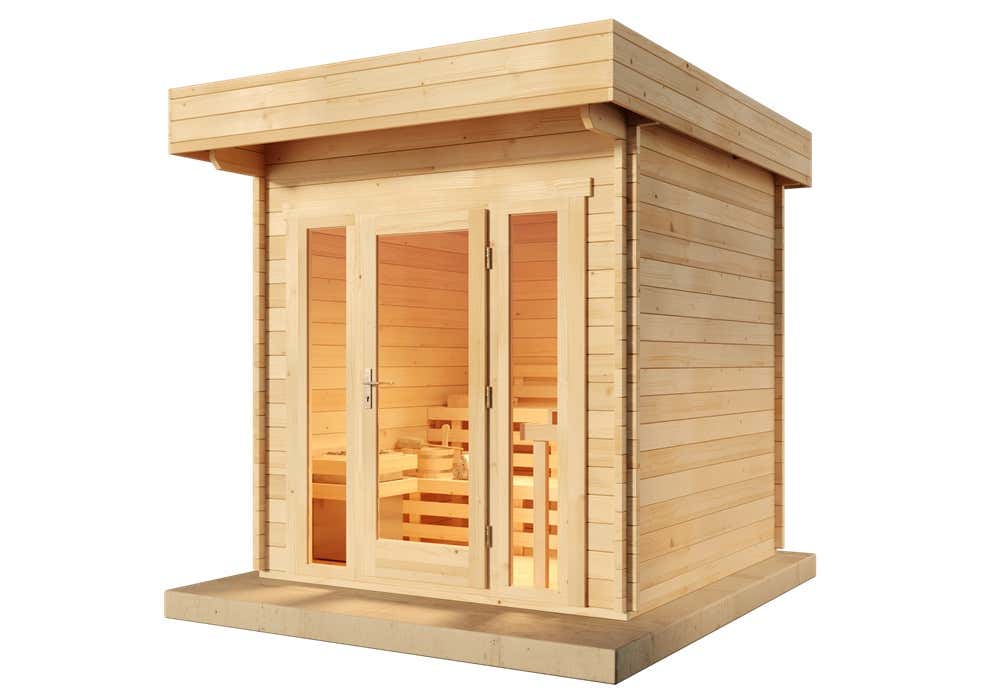 FinnTherm Lupoa-44 tuinsauna met 3 houten banken, 44 mm dikke wanden, buitensauna met montagemateriaal, natuurlijke afwerking, 2,6 x 2,9 m