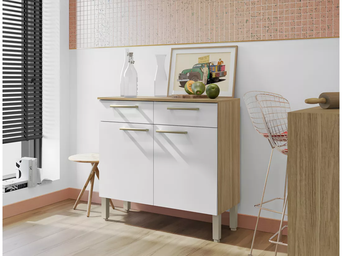 Buffet Bas 2 Portes 2 Tiroirs Chêne et Blanc 2 Niches Larg 90,9 H 86 P 36,3 cm