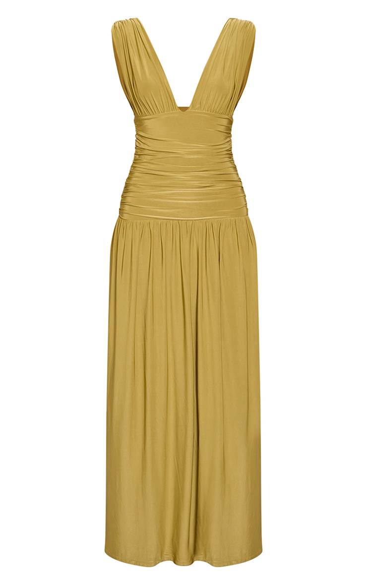 Vert Olive Robe Longue Plongeante Sans Manches À Double Épaisseur En Jersey Fluide