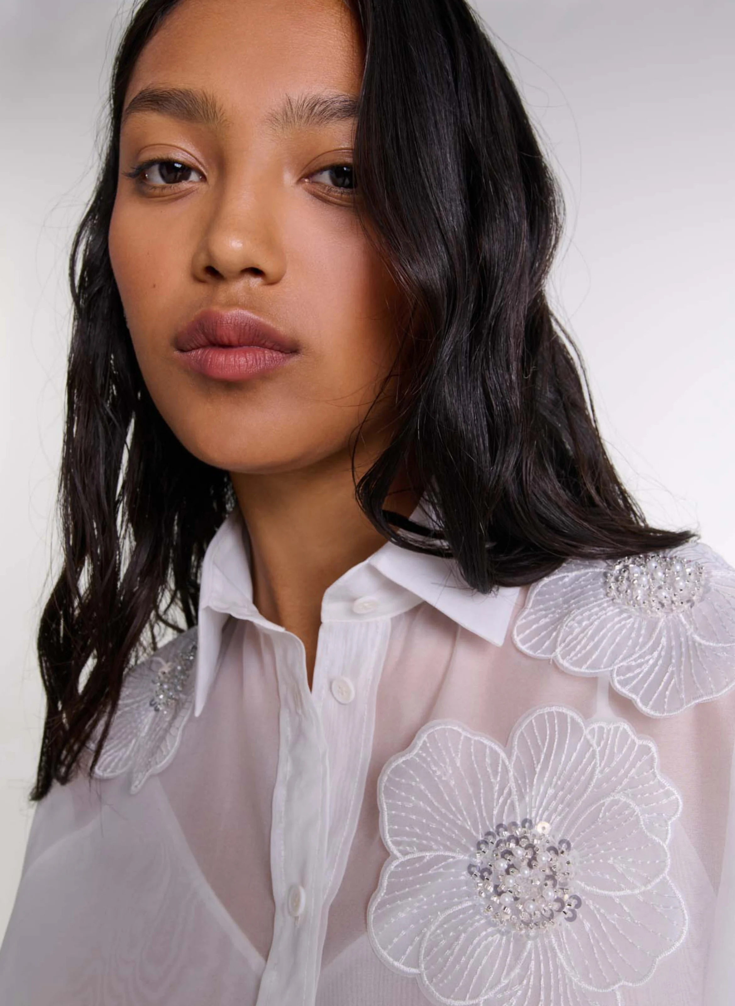 Chemise col classique droite en organza | Blanc