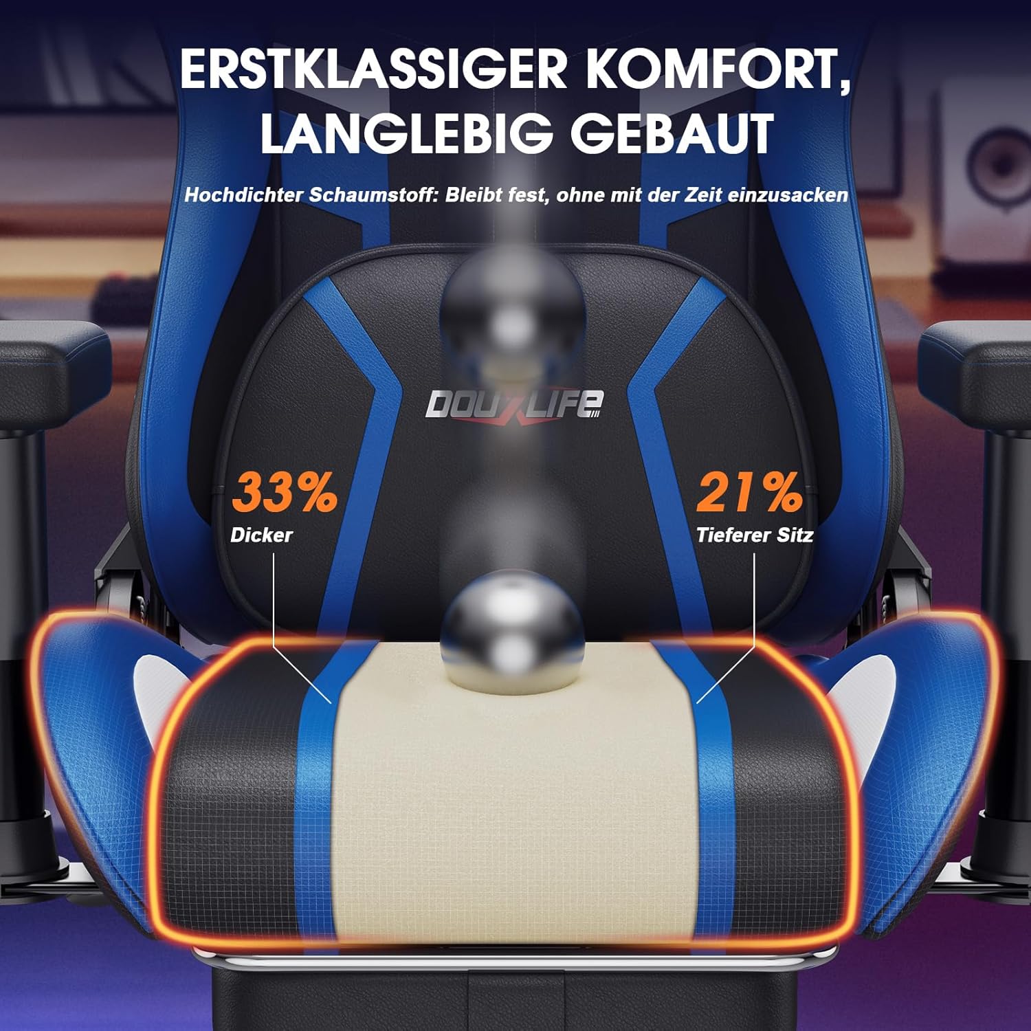 Douxlife Gaming-Stuhl mit Knetmassage und Heizfunktion, Ergonomischer Bürostuhl mit Fußstütze, 90°-175° Verstellbar, Gepolsterte 2D-Armelehnen, Gamer Sessel PC Stuhl, 181KG, Blau