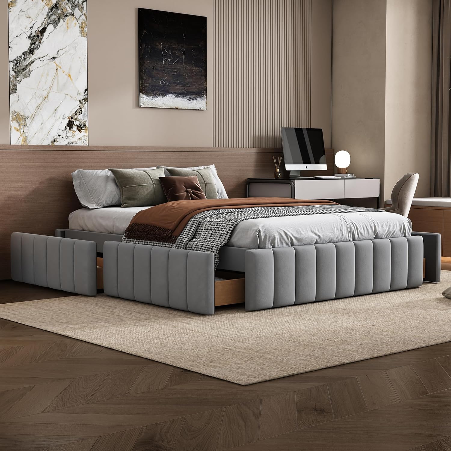Futonbett mit Lattenrost und Schubladen, Doppelbett ohne Kopfteil, Jugendbett, Bezug aus Samt (grau, 140x200 cm)