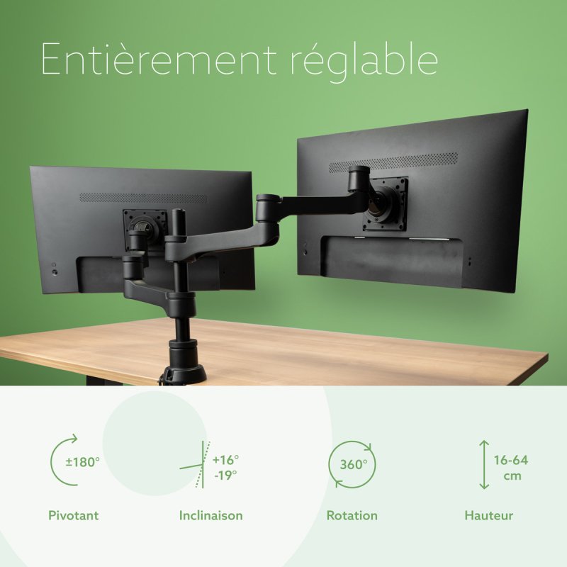 R-Go Tools Bras d'écran R-Go Zepher, bras réglable pour moniteur double, 100% circulaire, capacité de charge jusqu'à 8 kg, noir