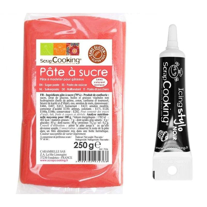 Pâte à sucre corail 250 g + Stylo de glaçage noir Scrapcooking