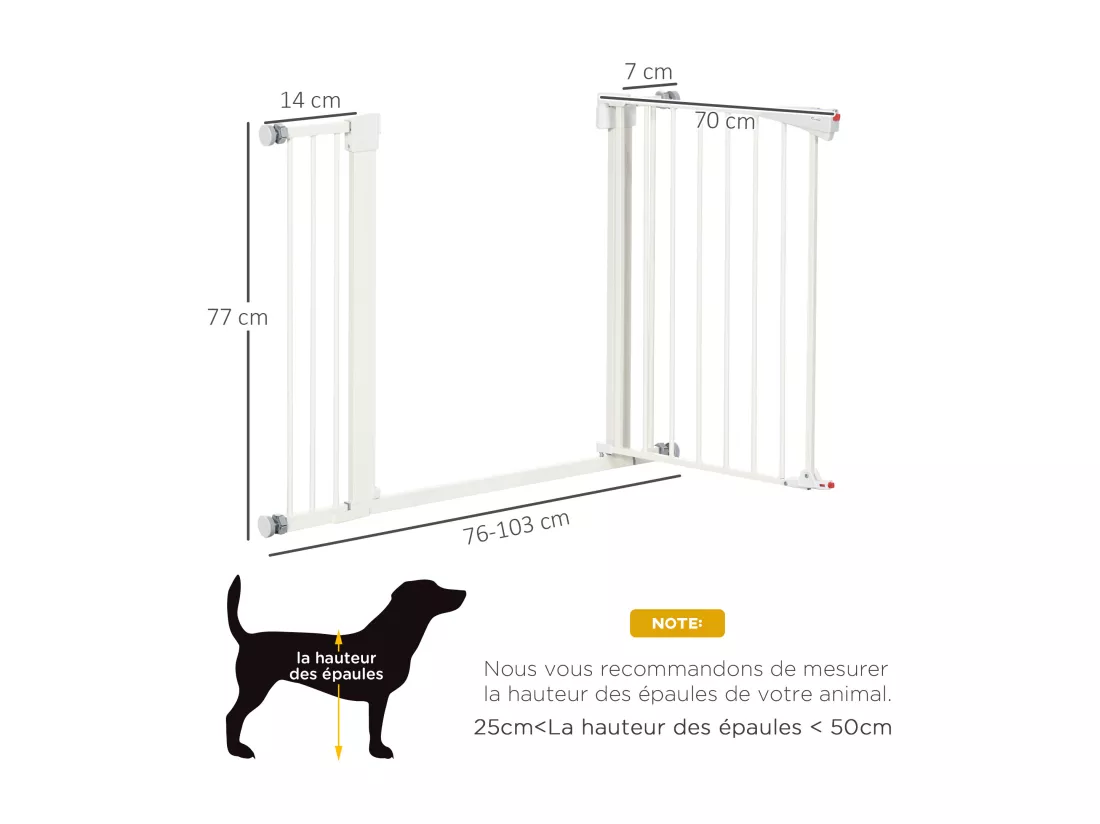 Barrière de sécurité animaux réglable 76-103L cm - porte 2 verrouillages, ouverture 2 sens - acier ABS blanc