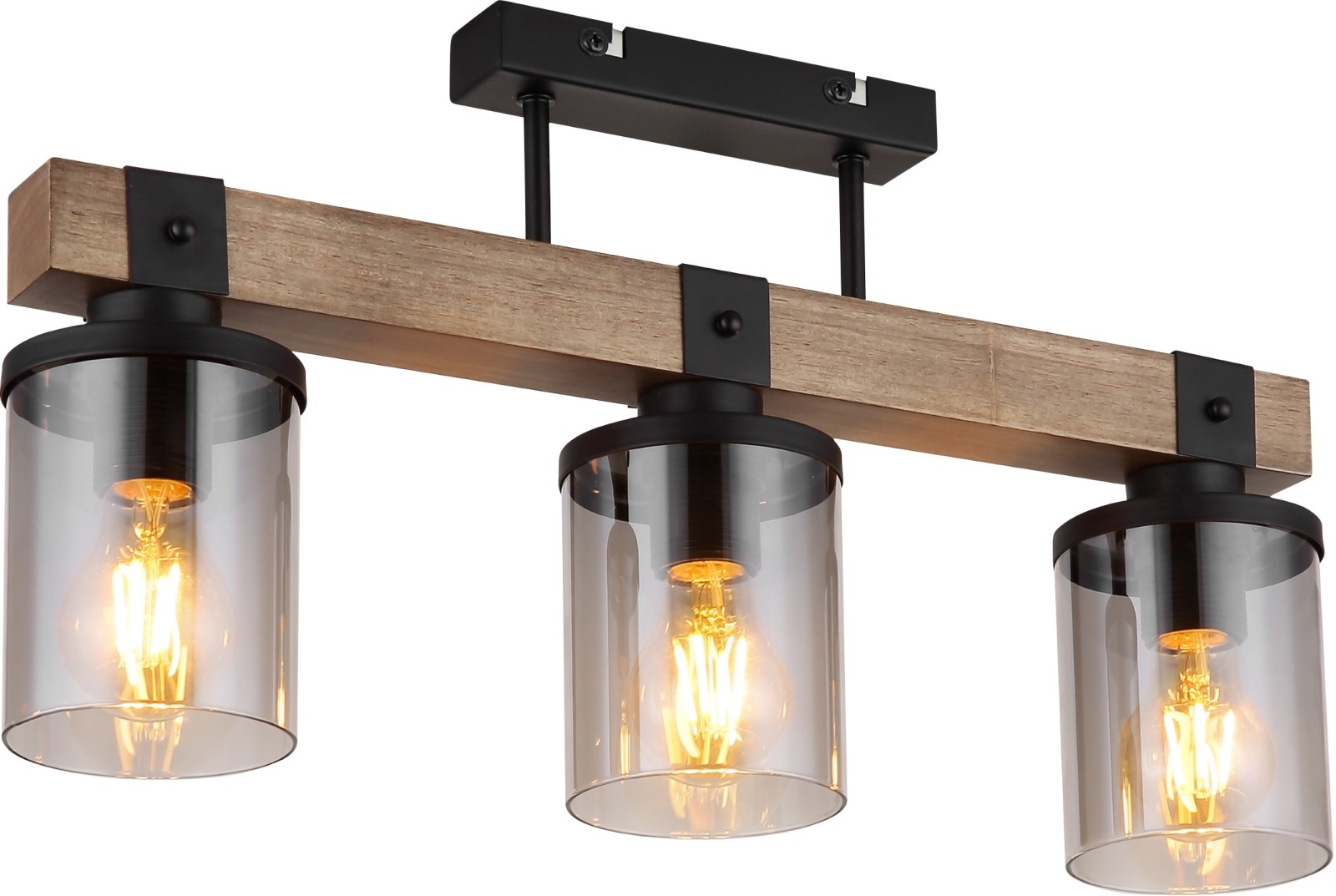 Deckenlampe - schwarz matt - Holz - rauchfarbende Gläser - 52 cm