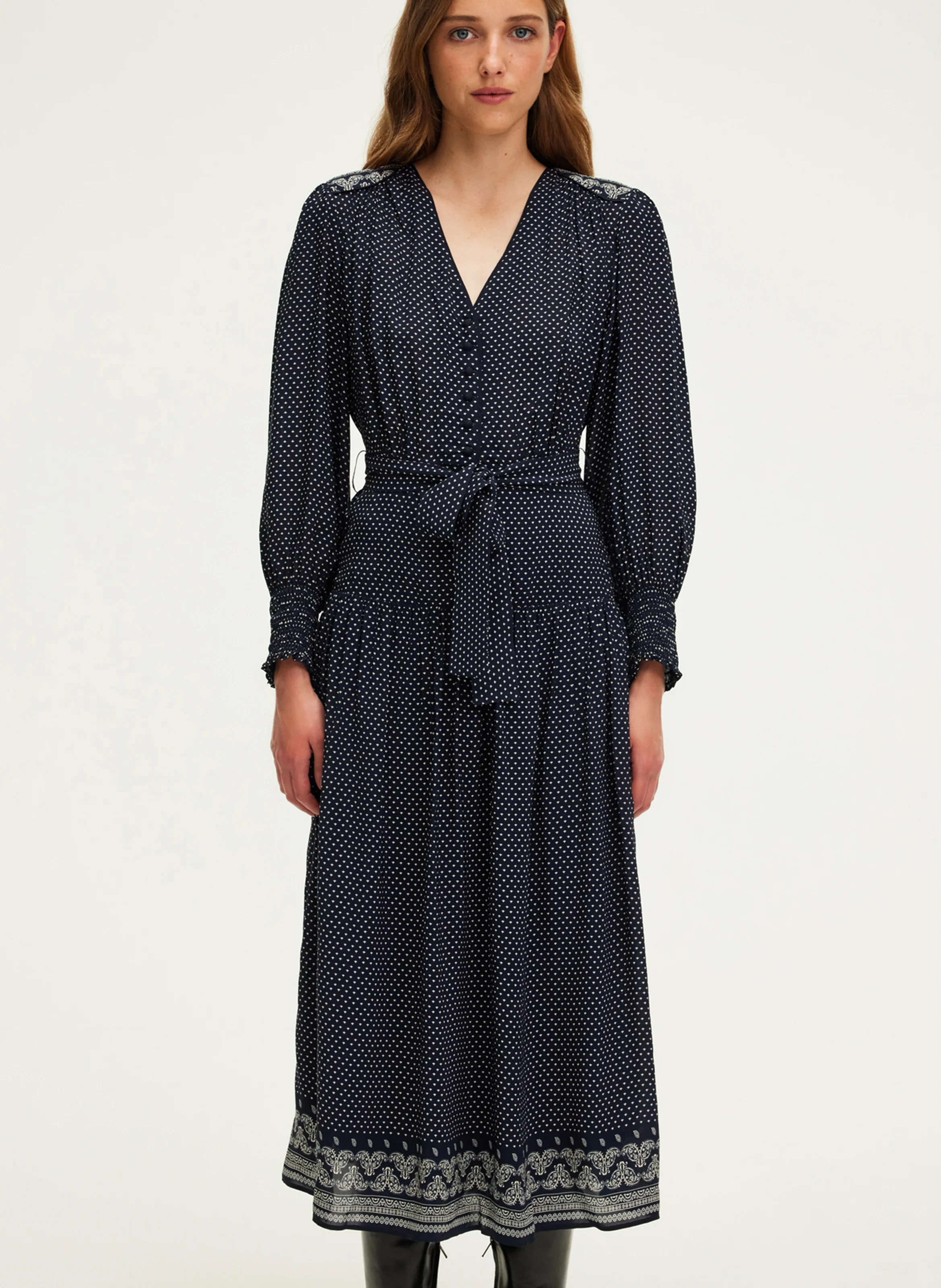 SYLVIA - Robe longue cintrée à col V | Bleu