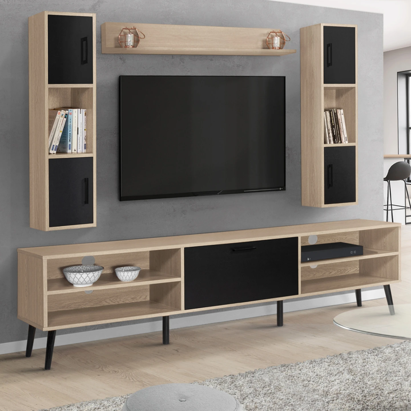 Ensemble meuble TV 180 cm et étagères HOUSTON bois et noir