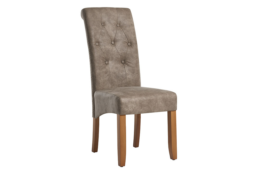 Design Stuhl CASA taupe Microfaser mit Zierknöpfen Massivholzbeine