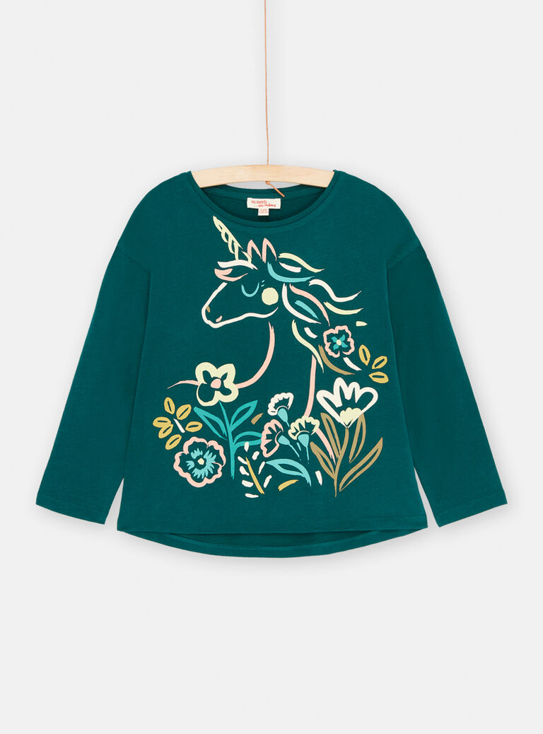 T-shirt bleu canard à motif licorne pour fille