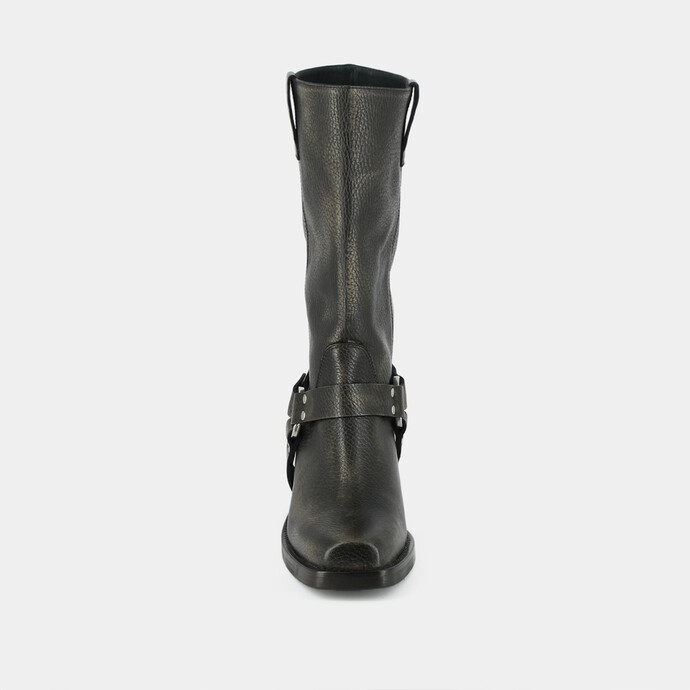 Bottes à bouts carrés et boucles argentées  en cuir grainé gris