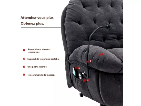 Fauteuil de massage releveur en tissu gris, avec télécommande, chauffant, manuellement repose-pied, 4 zones/5 modes/3 Minuteur