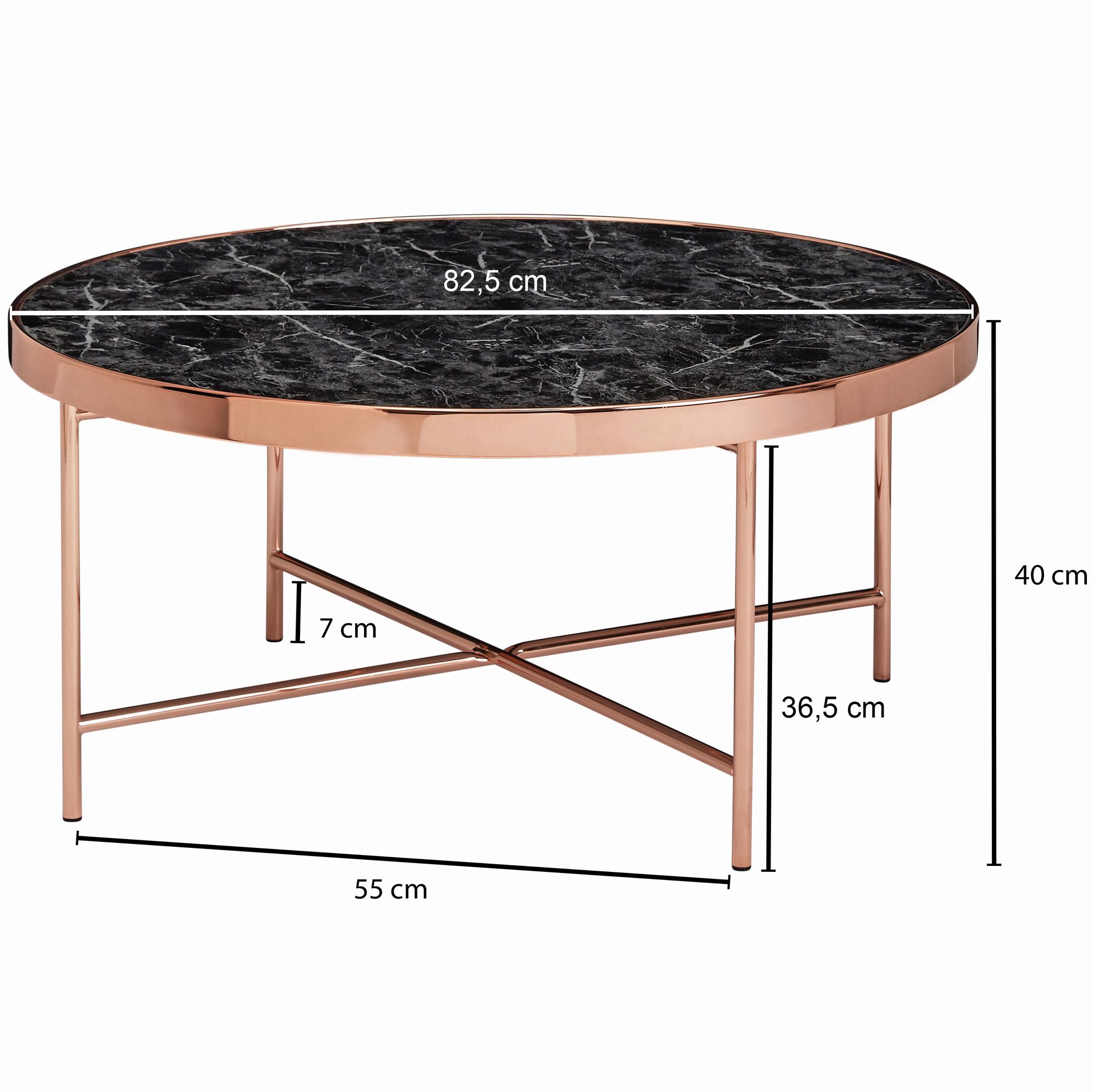 KADIMA DESIGN Moderne runde Marmor-Optik Glasplatte Couchtisch mit Kupferdesign Metallgestell, Ø82,5 cm x 40 cm.