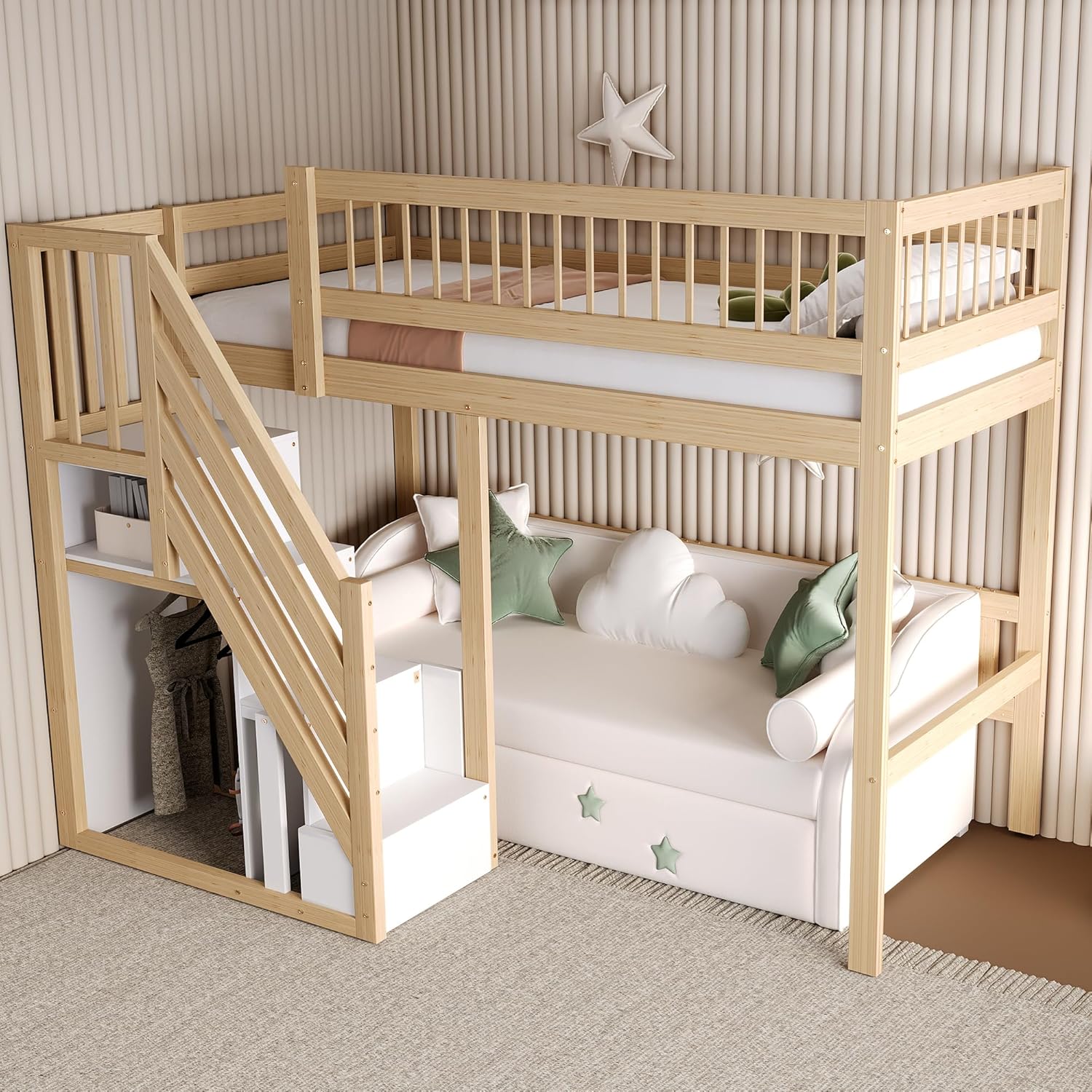Etagenbett 90x200, Kinderbett Hochbett mit Treppe & Aufbewahrungsschrank, Massivholz Funktionsbett Einzelbett Stockbett Spielbett Kinderhochbett Jugendhochbett mit Lattenrost, Ohne Matratze,Holzfarbe