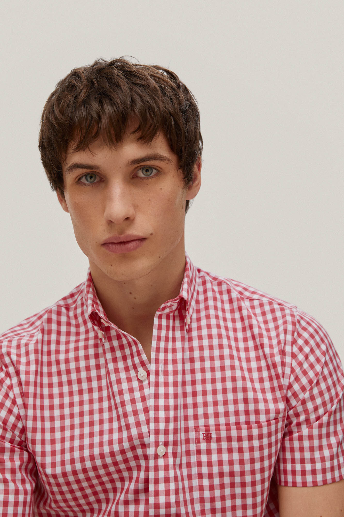 Camisa xadrez de manga curta que não precisa passar - Coral