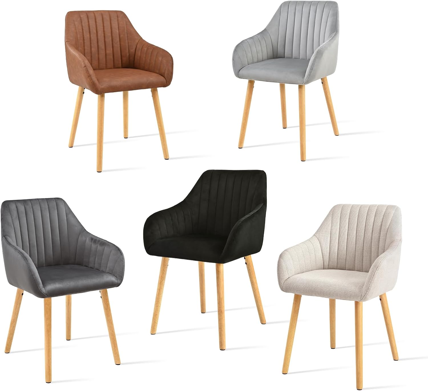 6er Set Esszimmerstühle Kunstleder Braun mit Armlehne Küchenstuhl Polsterstuhl Stühle Esszimmer mit Gepolstertem Sitz und Holzbeine für Wohnzimmer